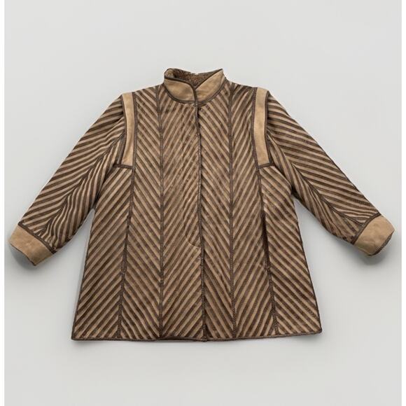 Vintage Suede & Embossed Leather Shearling Coat Tan Brown Boho Size 42 (M/L) - Picture 8 of 16